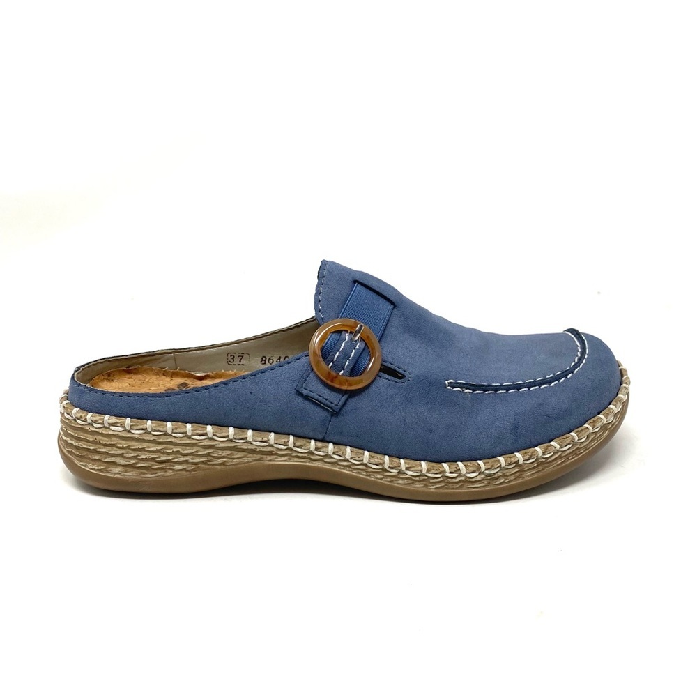 Rieker 46494-14 Mules Women’s Size 37 Blue Leather Clog Slip-On Comfort Shoes